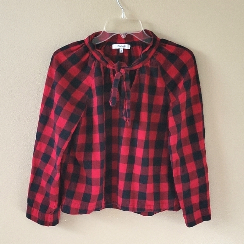 Madewell Womens Red Black Tie Neck Buffalo Plaid Shirt - Size Small
